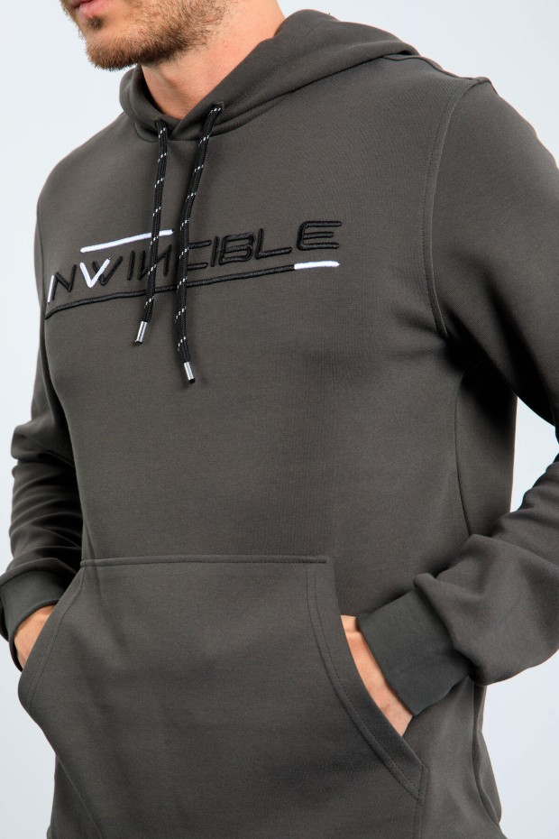 Men's Text Embroidered Standard Fit Hooded Khaki Sweatshirt - 87883