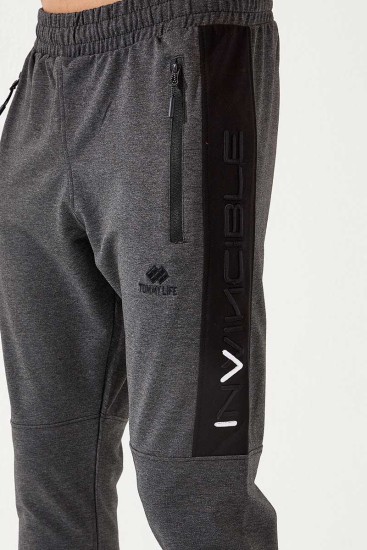 Invincible Side-Printed Anthracite Melange Men's Tracksuit Bottom - Thumbnail