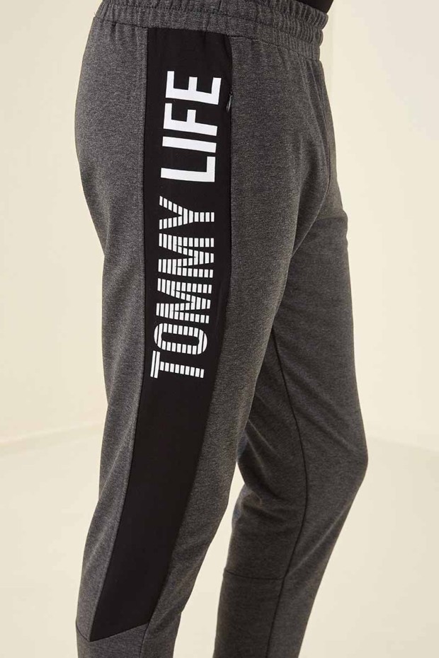 Tommy Life Printed Side Topped Open Anthracite-Melange Men's Tracksuit Bottom