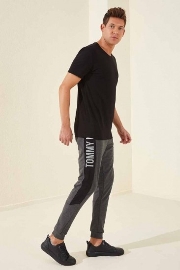 Tommy Life Printed Side Topped Open Anthracite-Melange Men's Tracksuit Bottom - Thumbnail
