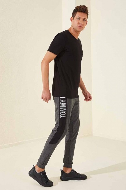 Tommy Life Printed Side Topped Open Anthracite-Melange Men's Tracksuit Bottom