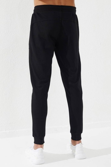 Embroidered Pocket Cuffed Black Men's Tracksuit Bottom - Thumbnail