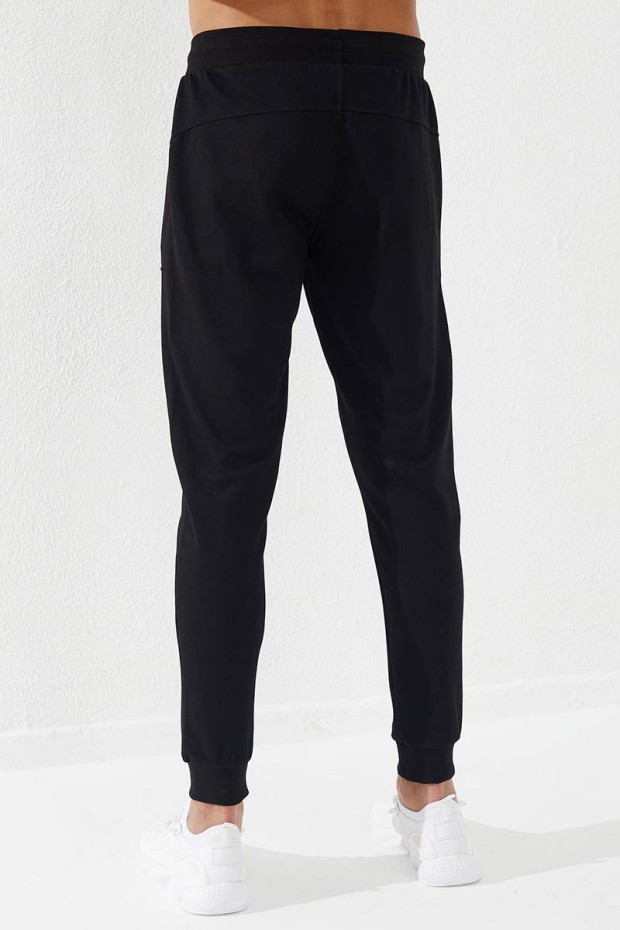 Embroidered Pocket Cuffed Black Men's Tracksuit Bottom