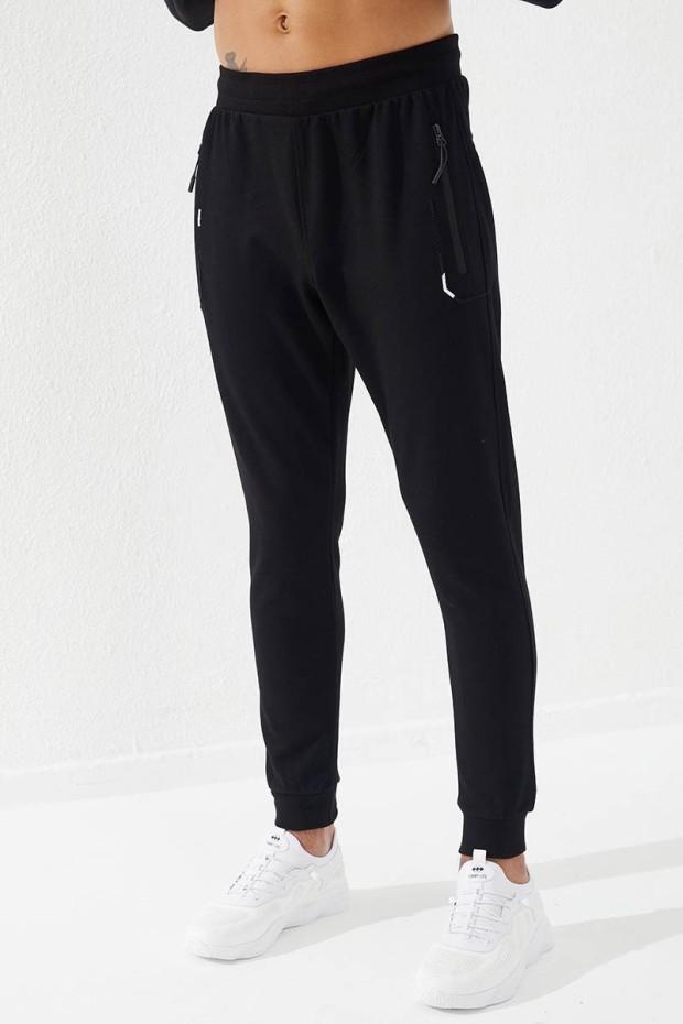 Embroidered Pocket Cuffed Black Men's Tracksuit Bottom