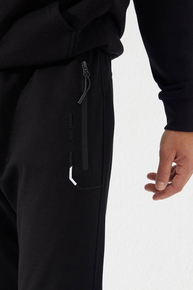 Embroidered Pocket Cuffed Black Men's Tracksuit Bottom