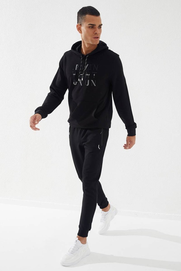 Embroidered Pocket Cuffed Black Men's Tracksuit Bottom