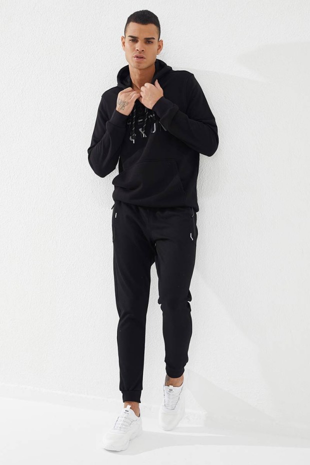 Embroidered Pocket Cuffed Black Men's Tracksuit Bottom