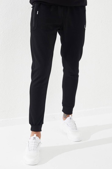 Embroidered Pocket Cuffed Black Men's Tracksuit Bottom - Thumbnail