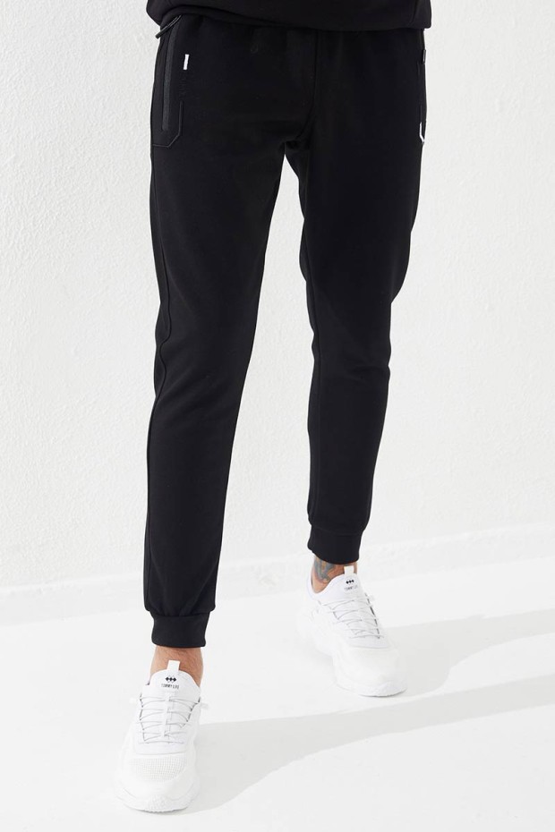 Embroidered Pocket Cuffed Black Men's Tracksuit Bottom