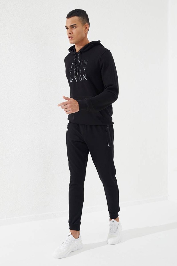 Embroidered Pocket Cuffed Black Men's Tracksuit Bottom