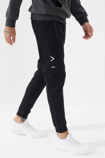 Invincible Side-Printed Black Men's Tracksuit Bottom - Thumbnail