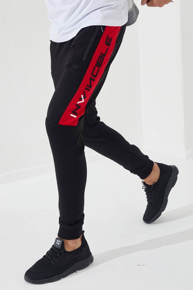 Invincible Side-Printed Black-Red Men's Tracksuit Bottom