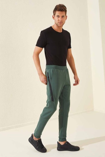 Tommy Life Reverse Zipper Green Men's Tracksuit Bottom - Thumbnail