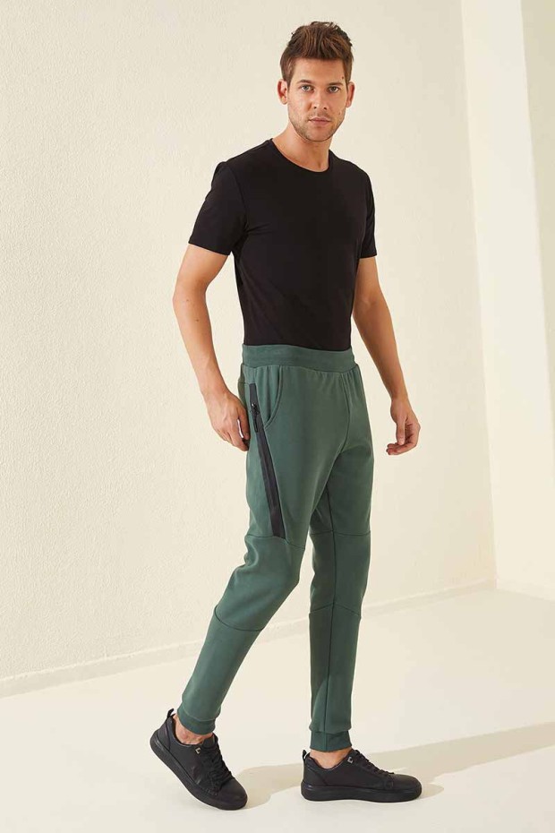 Tommy Life Reverse Zipper Green Men's Tracksuit Bottom