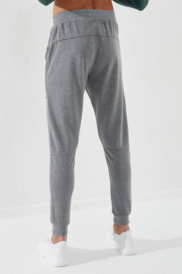 Embroidered Pocket Cuffed Grey Melange Men's Tracksuit Bottom