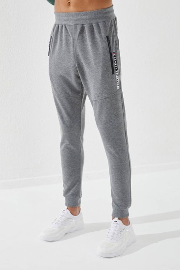 Embroidered Pocket Cuffed Grey Melange Men's Tracksuit Bottom - Thumbnail