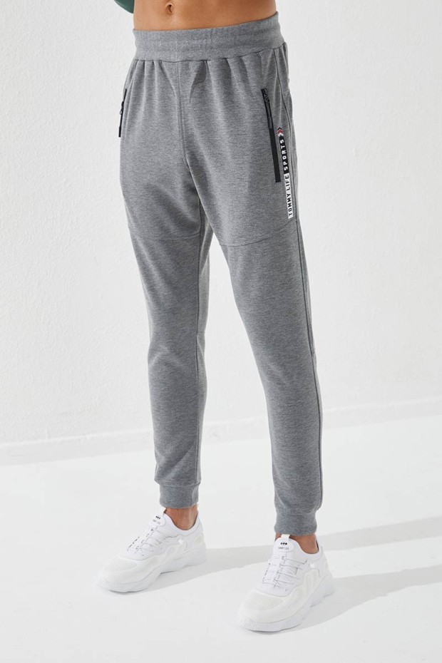 Embroidered Pocket Cuffed Grey Melange Men's Tracksuit Bottom