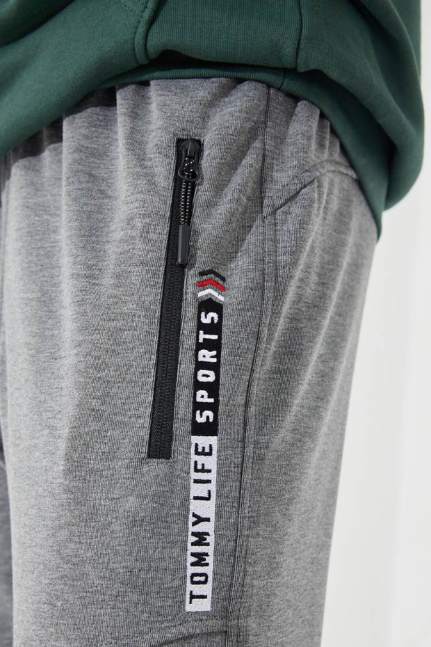 Embroidered Pocket Cuffed Grey Melange Men's Tracksuit Bottom