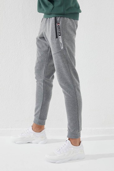 Embroidered Pocket Cuffed Grey Melange Men's Tracksuit Bottom - Thumbnail