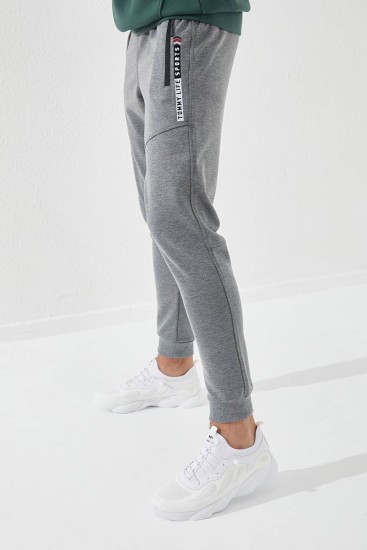 Embroidered Pocket Cuffed Grey Melange Men's Tracksuit Bottom - Thumbnail