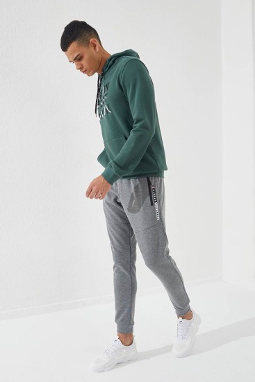 Embroidered Pocket Cuffed Grey Melange Men's Tracksuit Bottom - Thumbnail