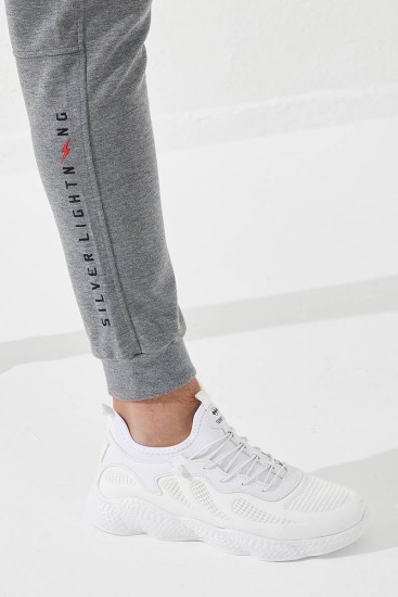 Embroidered Pocket Cuffed Grey Melange Men's Tracksuit Bottom - Thumbnail