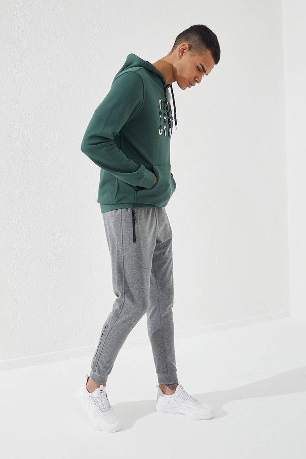 Embroidered Pocket Cuffed Grey Melange Men's Tracksuit Bottom