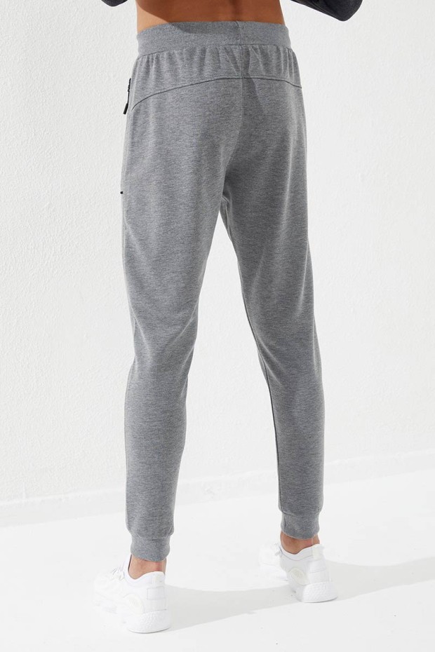 Embroidered Pocket Cuffed Grey Melange Men's Tracksuit Bottom