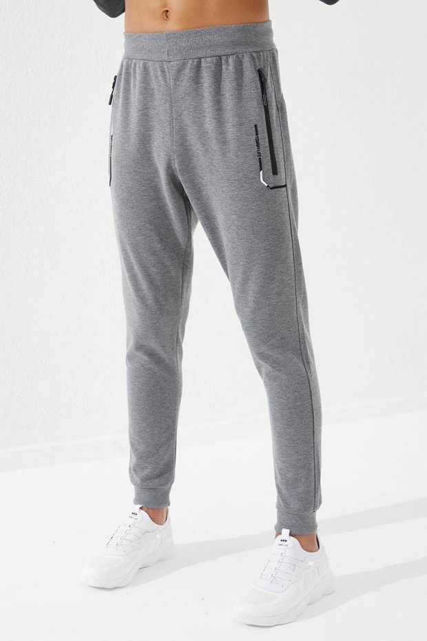 Embroidered Pocket Cuffed Grey Melange Men's Tracksuit Bottom