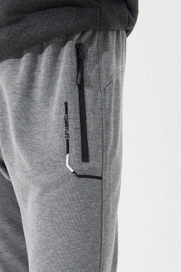 Embroidered Pocket Cuffed Grey Melange Men's Tracksuit Bottom - Thumbnail