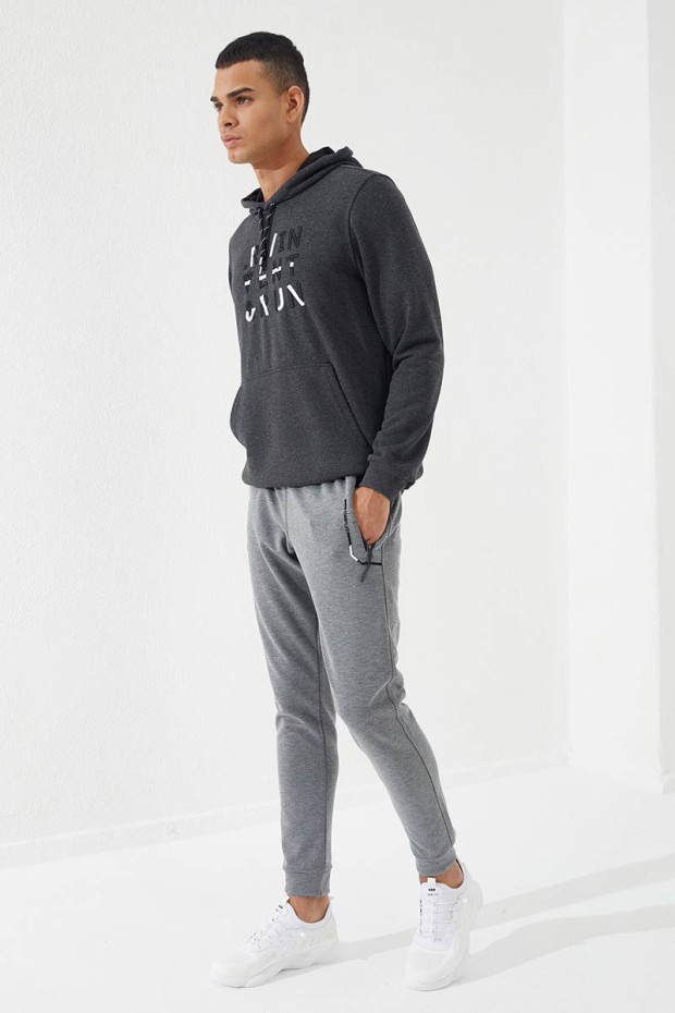 Embroidered Pocket Cuffed Grey Melange Men's Tracksuit Bottom