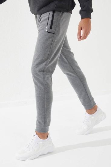 Embroidered Pocket Cuffed Grey Melange Men's Tracksuit Bottom - Thumbnail