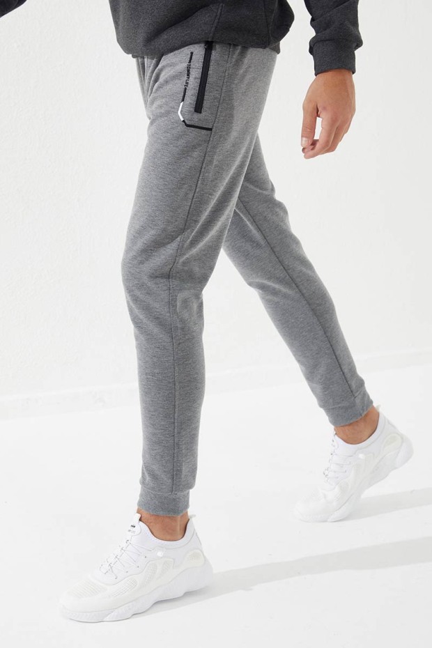 Embroidered Pocket Cuffed Grey Melange Men's Tracksuit Bottom