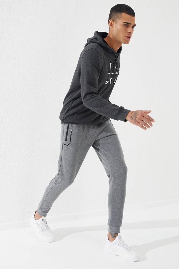 Embroidered Pocket Cuffed Grey Melange Men's Tracksuit Bottom