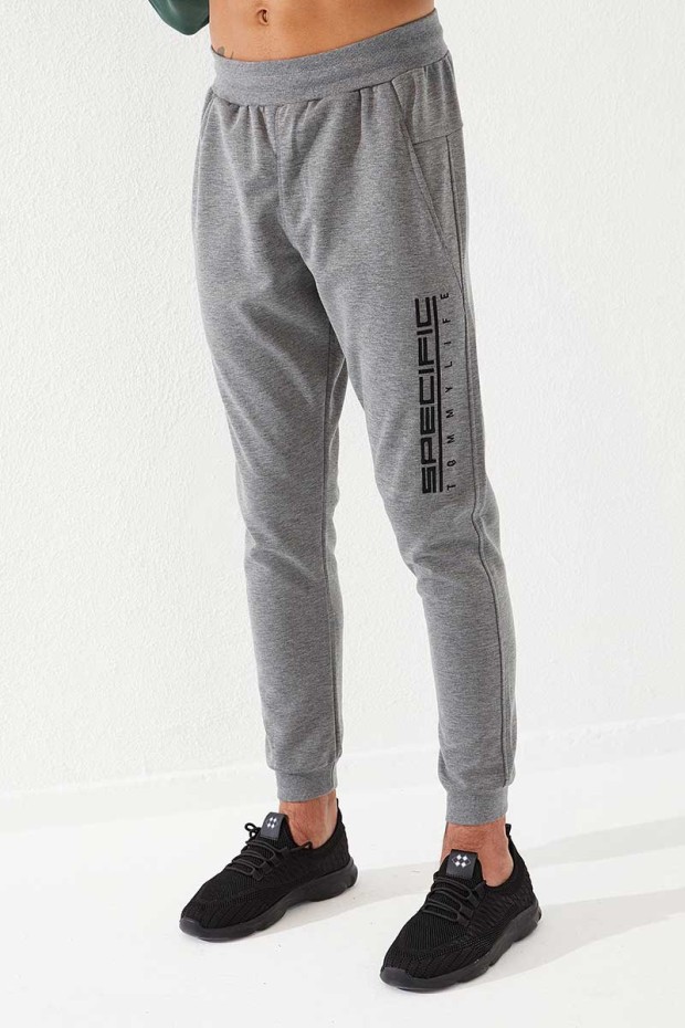 Specific Zipper Pocket Grey Melange Men's Tracksuit Bottom