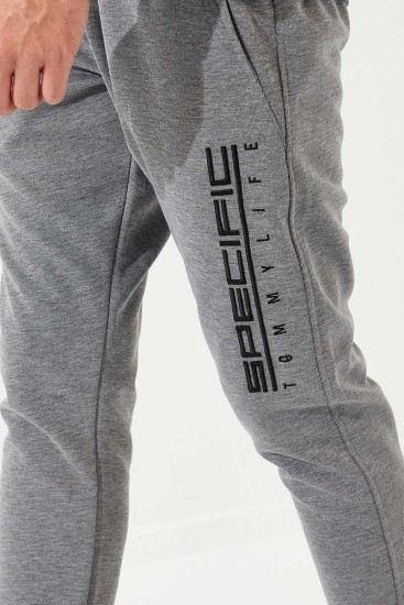 Specific Zipper Pocket Grey Melange Men's Tracksuit Bottom - Thumbnail