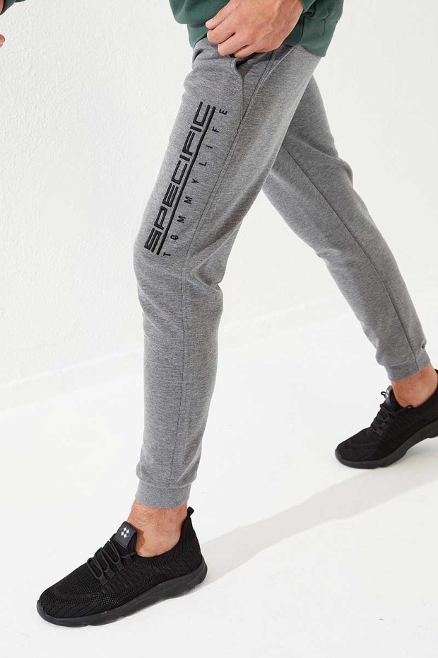 Specific Zipper Pocket Grey Melange Men's Tracksuit Bottom