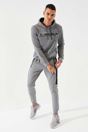 Invincible Side-Printed Grey Melange Men's Tracksuit Bottom - Thumbnail