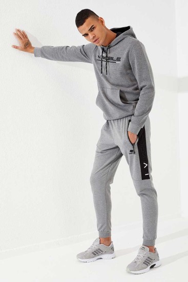 Invincible Side-Printed Grey Melange Men's Tracksuit Bottom - Thumbnail