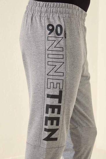 Tommy Life Nineteen Printed Grey-Melange Foil Men's Tracksuit Bottom - Thumbnail