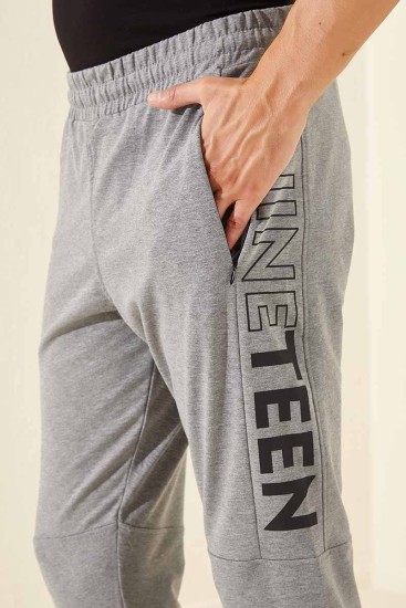 Tommy Life Nineteen Printed Grey-Melange Foil Men's Tracksuit Bottom - Thumbnail