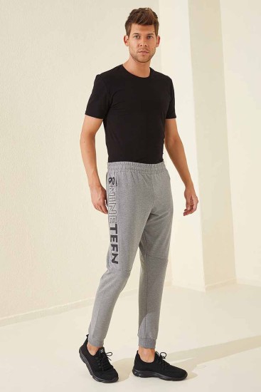 Tommy Life Nineteen Printed Grey-Melange Foil Men's Tracksuit Bottom - Thumbnail