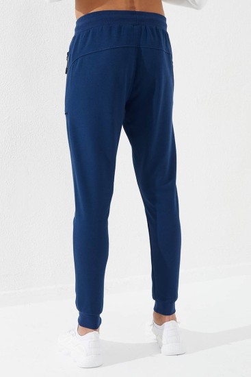 Embroidered Pocket Cuffed Indigo Men's Tracksuit Bottom - Thumbnail