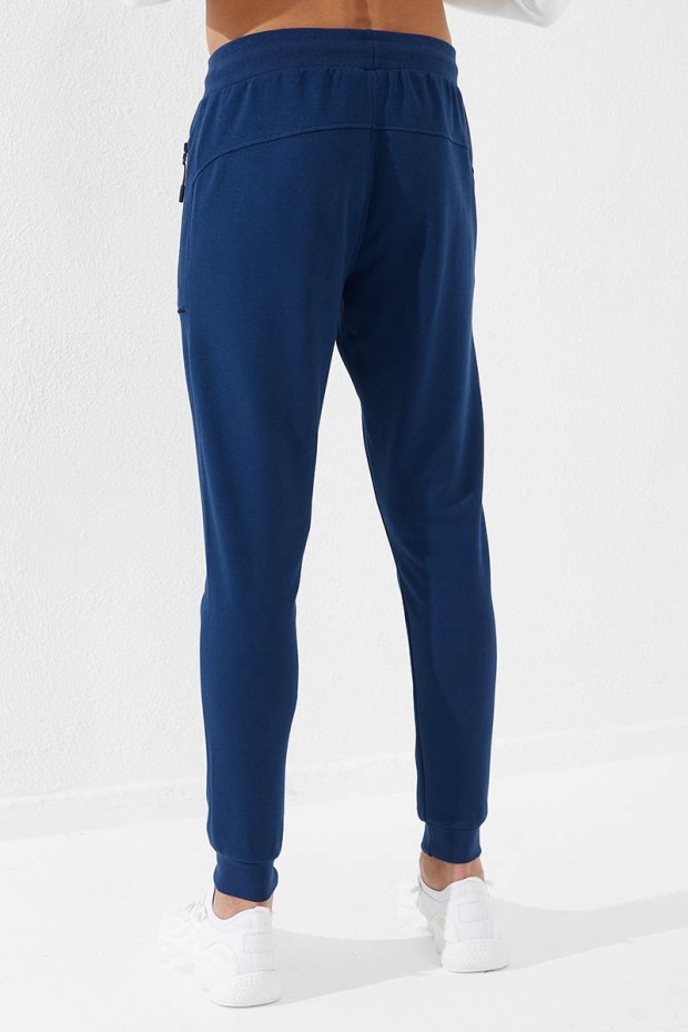 Embroidered Pocket Cuffed Indigo Men's Tracksuit Bottom