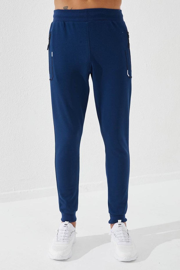 Embroidered Pocket Cuffed Indigo Men's Tracksuit Bottom
