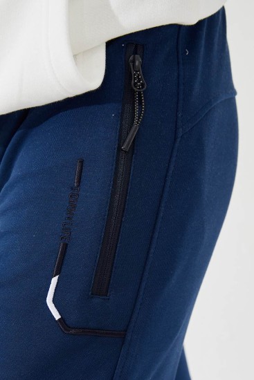 Embroidered Pocket Cuffed Indigo Men's Tracksuit Bottom - Thumbnail