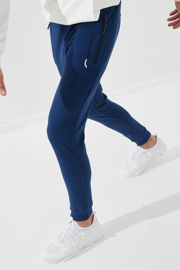 Embroidered Pocket Cuffed Indigo Men's Tracksuit Bottom - Thumbnail