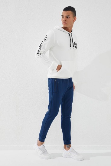Embroidered Pocket Cuffed Indigo Men's Tracksuit Bottom - Thumbnail