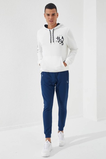 Embroidered Pocket Cuffed Indigo Men's Tracksuit Bottom - Thumbnail