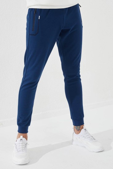 Embroidered Pocket Cuffed Indigo Men's Tracksuit Bottom - Thumbnail